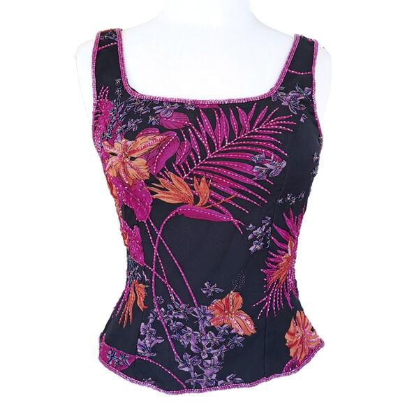 ANDRETTA DONATELLO Silk Beaded Tropical Floral Sleeveless Top Small Black Pink - Picture 1 of 9